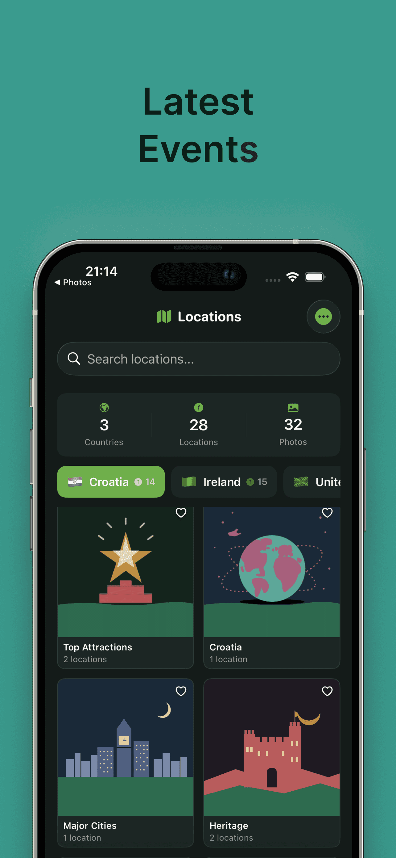 Wayworn Locations tab grouped by country and category, with cards for Heritage, Top Attractions and more.